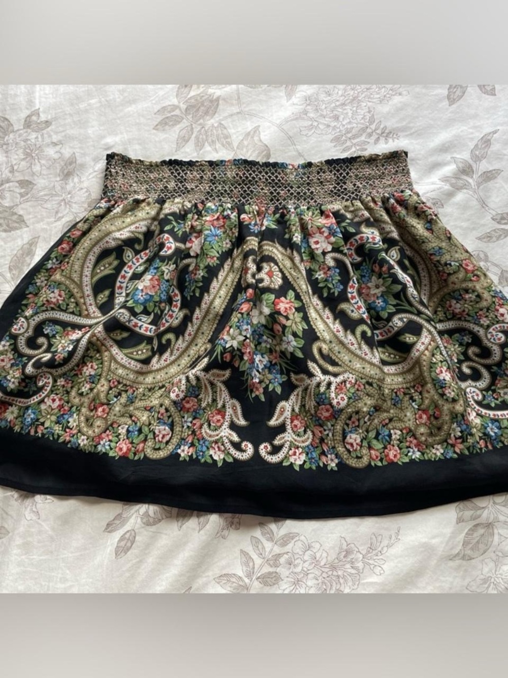 Anthropologie Black Floral Paisley Smocked Mini Skirt